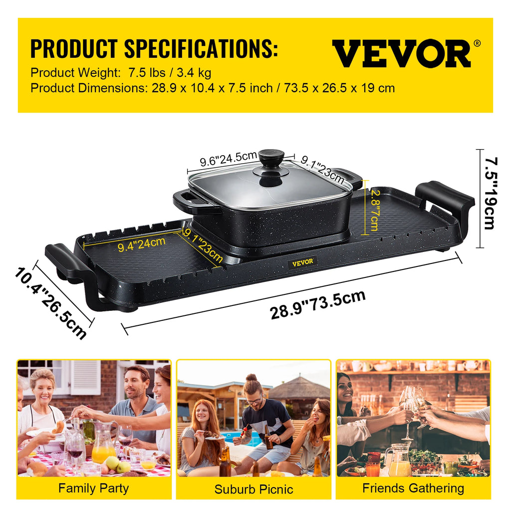 Vevor 2in1 elétrica churrasco pan grill panela quente 2400w multifuncional casa portátil sem fumaça antiaderente destacável panela quente churrasco placa