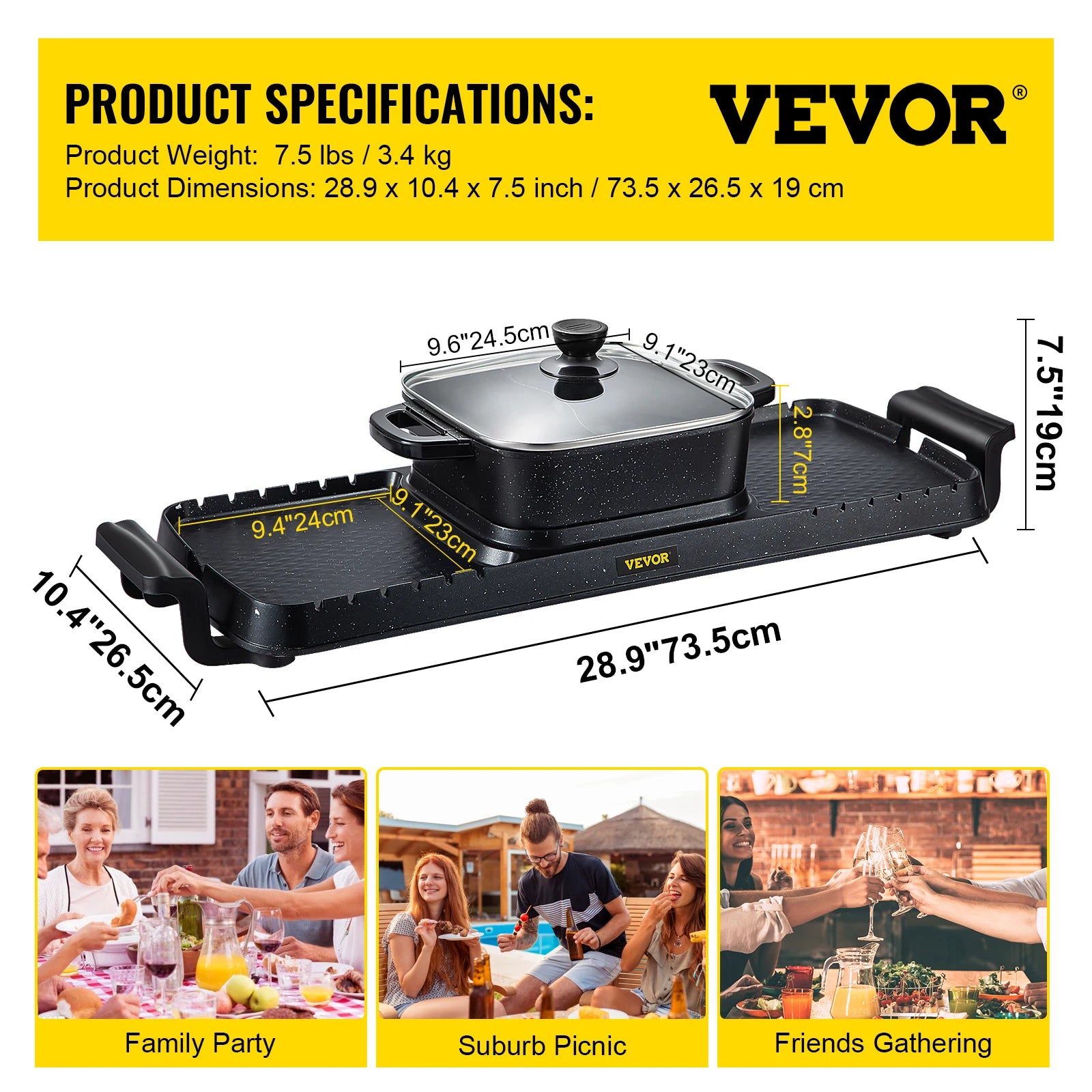 Vevor 2in1 elétrica churrasco pan grill panela quente 2400w multifuncional casa portátil sem fumaça antiaderente destacável panela quente churrasco placa