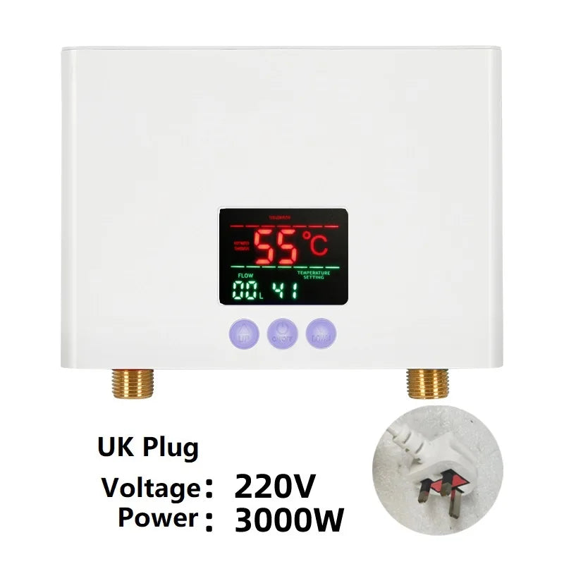 Aquecedor de água elétrico montado na parede com controle remoto, aquecedor instantâneo, exibição de temperatura LCD, cozinha e banheiro, 110V, 220V