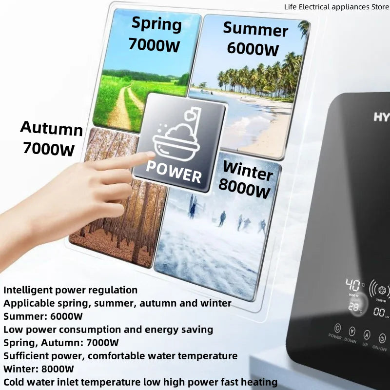 Aquecedor de água elétrico inteligente Aquecedor de água sem tanque Máquina de banho quente rápido doméstico Apartamento hotel banheiro chuveiro quente Display led inglês Regulação de potência de três engrenagens