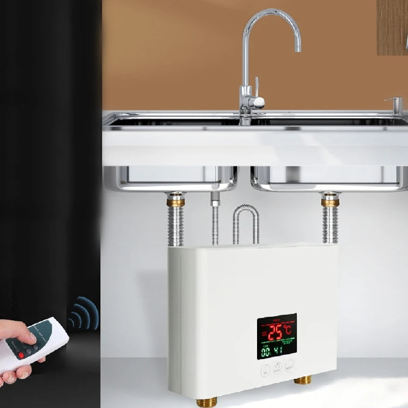 Aquecedor de água elétrico montado na parede com controle remoto, aquecedor instantâneo, exibição de temperatura LCD, cozinha e banheiro, 110V, 220V