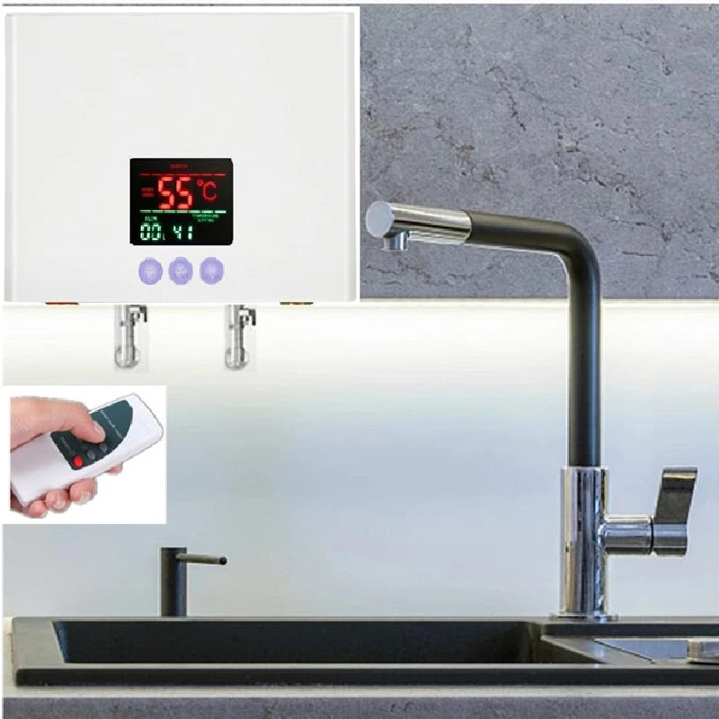 Aquecedor de água elétrico montado na parede com controle remoto, aquecedor instantâneo, exibição de temperatura LCD, cozinha e banheiro, 110V, 220V