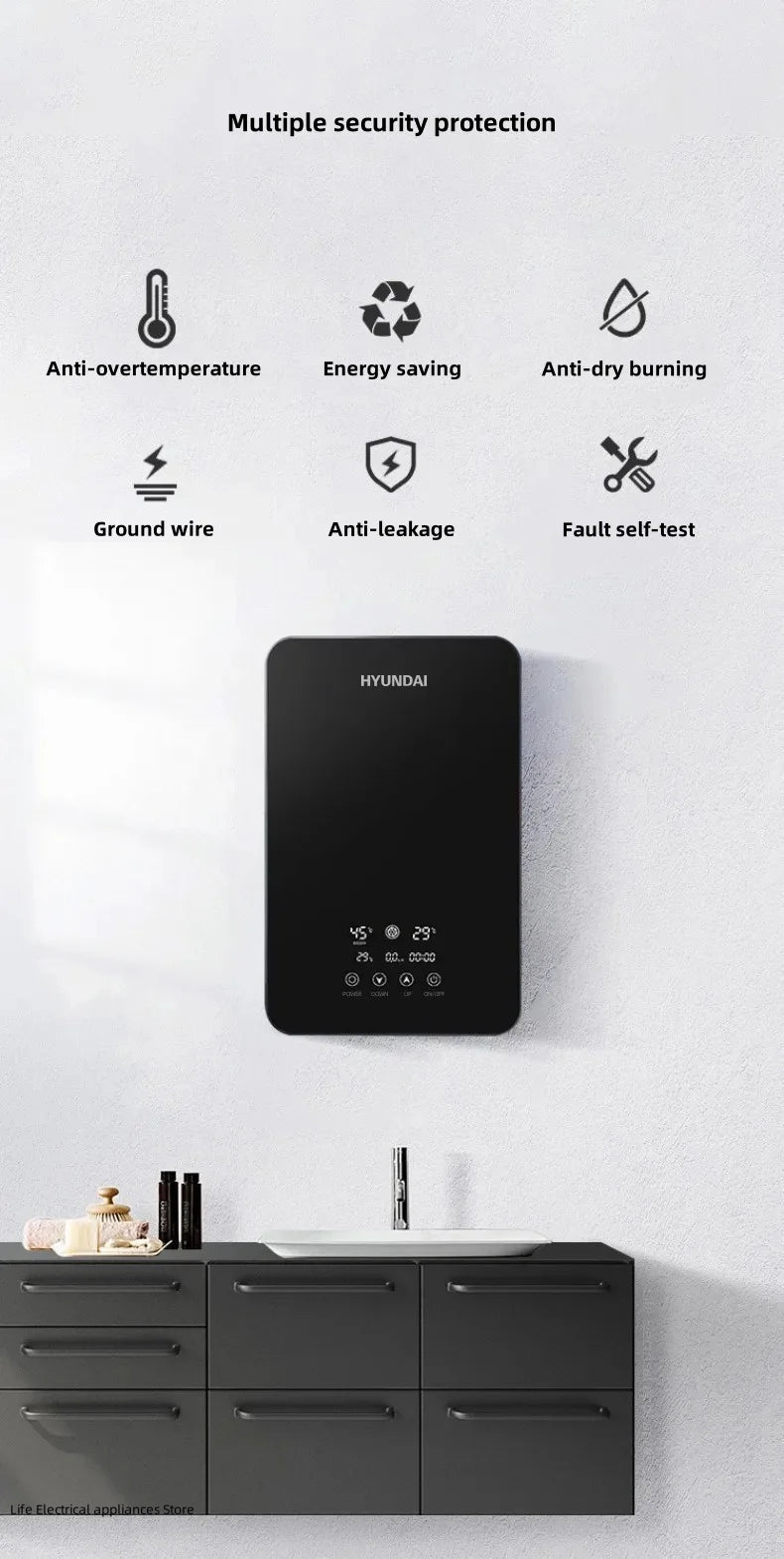 Aquecedor de água elétrico inteligente Aquecedor de água sem tanque Máquina de banho quente rápido doméstico Apartamento hotel banheiro chuveiro quente Display led inglês Regulação de potência de três engrenagens