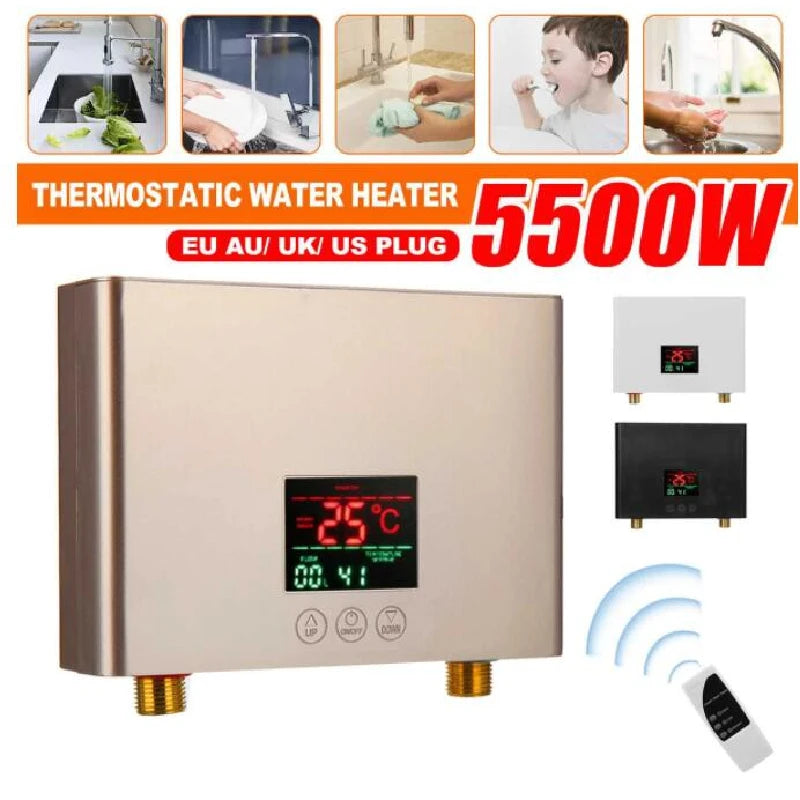 Aquecedor de água elétrico montado na parede com controle remoto, aquecedor instantâneo, exibição de temperatura LCD, cozinha e banheiro, 110V, 220V