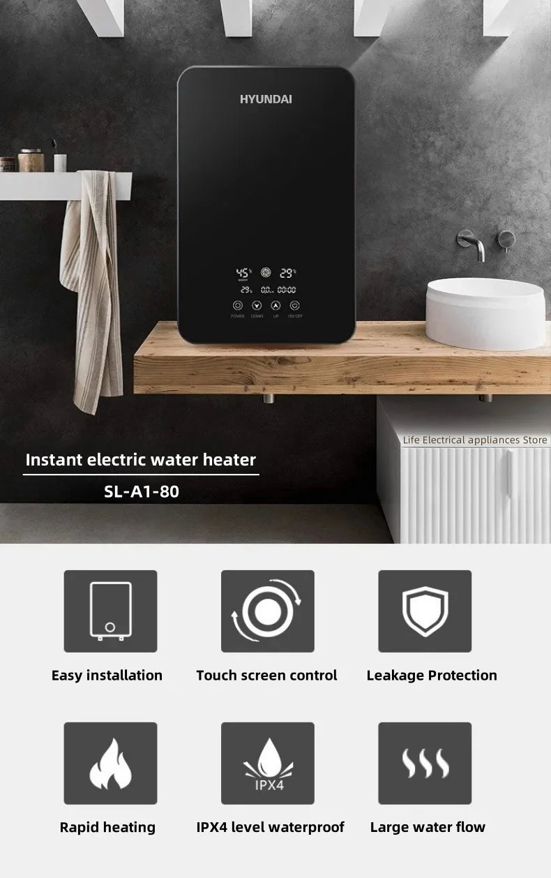 Aquecedor de água elétrico inteligente Aquecedor de água sem tanque Máquina de banho quente rápido doméstico Apartamento hotel banheiro chuveiro quente Display led inglês Regulação de potência de três engrenagens