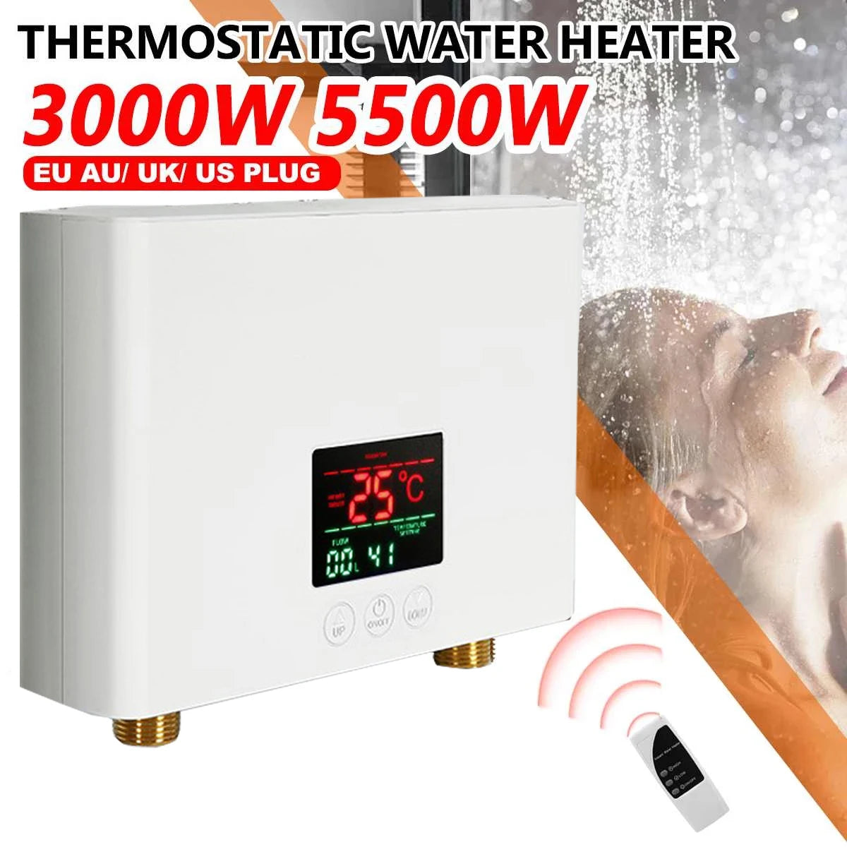 Aquecedor de água elétrico montado na parede com controle remoto, aquecedor instantâneo, exibição de temperatura LCD, cozinha e banheiro, 110V, 220V
