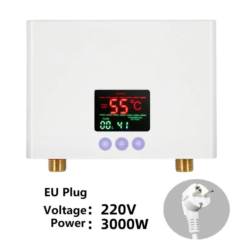 Aquecedor de água elétrico montado na parede com controle remoto, aquecedor instantâneo, exibição de temperatura LCD, cozinha e banheiro, 110V, 220V