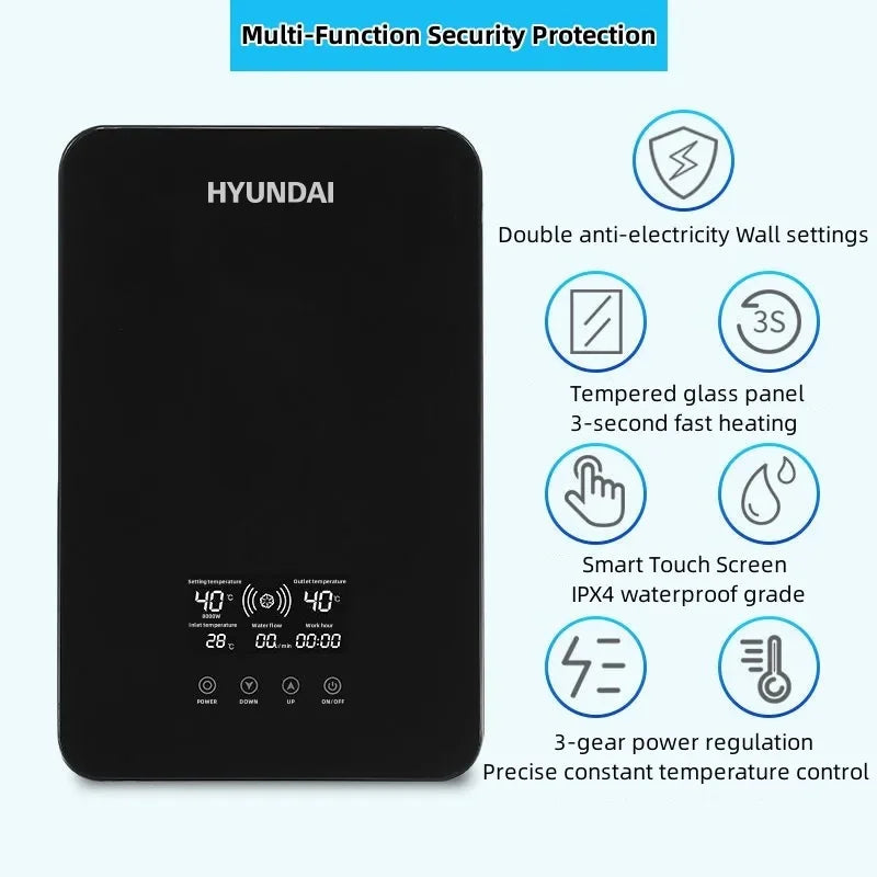 Aquecedor de água elétrico inteligente Aquecedor de água sem tanque Máquina de banho quente rápido doméstico Apartamento hotel banheiro chuveiro quente Display led inglês Regulação de potência de três engrenagens