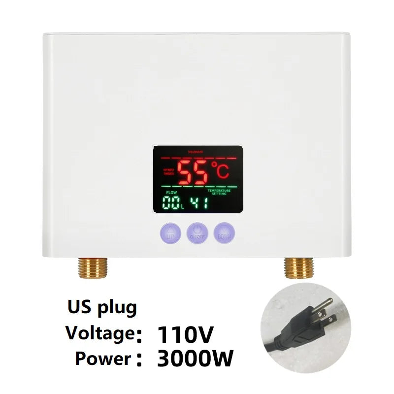 Aquecedor de água elétrico montado na parede com controle remoto, aquecedor instantâneo, exibição de temperatura LCD, cozinha e banheiro, 110V, 220V