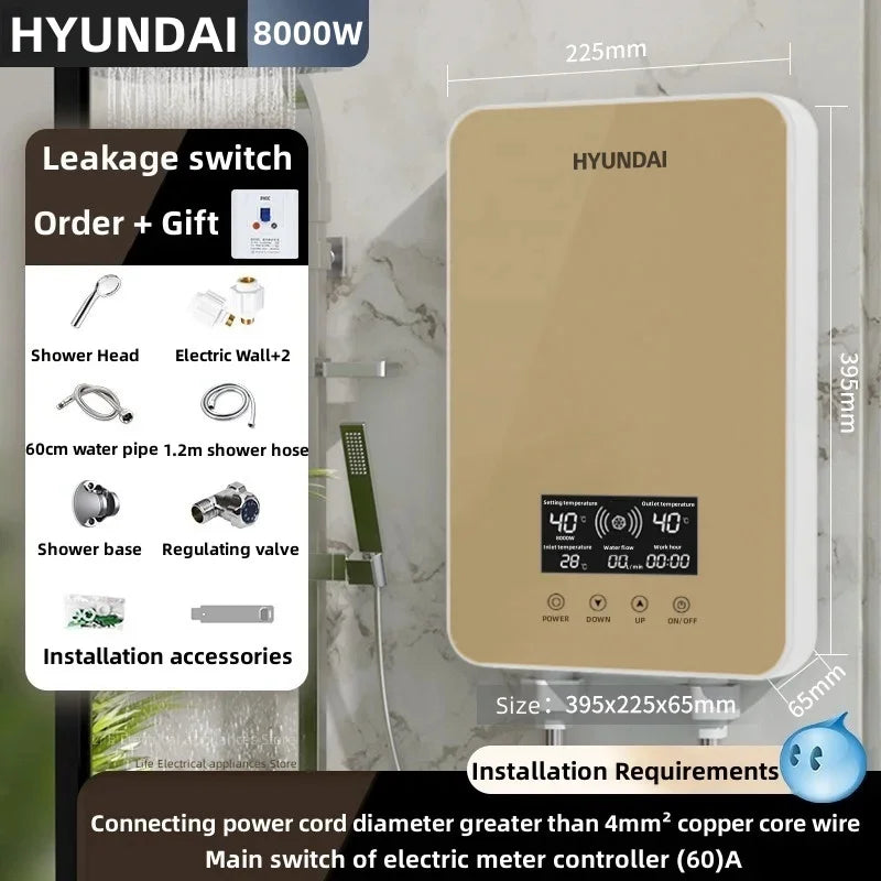 Aquecedor de água elétrico inteligente Aquecedor de água sem tanque Máquina de banho quente rápido doméstico Apartamento hotel banheiro chuveiro quente Display led inglês Regulação de potência de três engrenagens