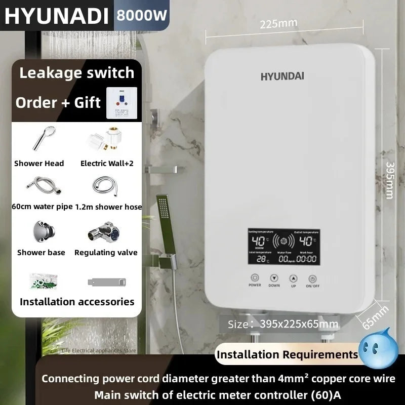 Aquecedor de água elétrico inteligente Aquecedor de água sem tanque Máquina de banho quente rápido doméstico Apartamento hotel banheiro chuveiro quente Display led inglês Regulação de potência de três engrenagens
