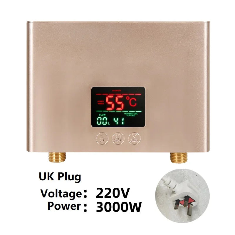Aquecedor de água elétrico montado na parede com controle remoto, aquecedor instantâneo, exibição de temperatura LCD, cozinha e banheiro, 110V, 220V