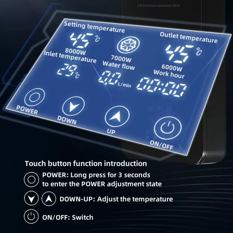 Aquecedor de água elétrico inteligente Aquecedor de água sem tanque Máquina de banho quente rápido doméstico Apartamento hotel banheiro chuveiro quente Display led inglês Regulação de potência de três engrenagens