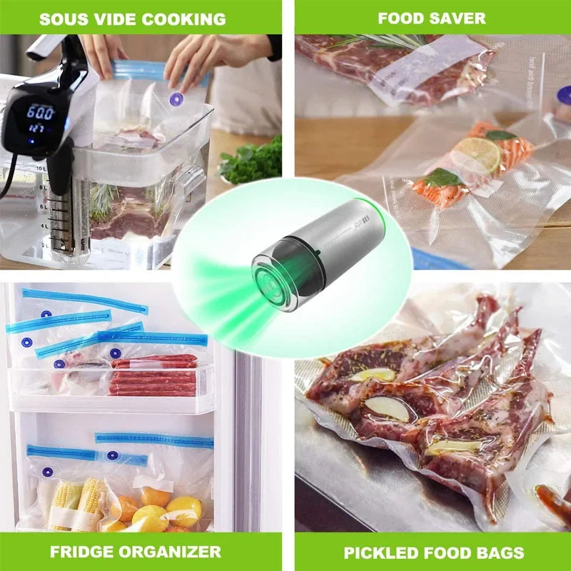 Saco De Armazenamento De Alimentos A Vácuo Reutilizável, Selador De Vácuo De Alimentos, Sous Vide Bags, USB Recarregável, Bomba de ar a vácuo portátil