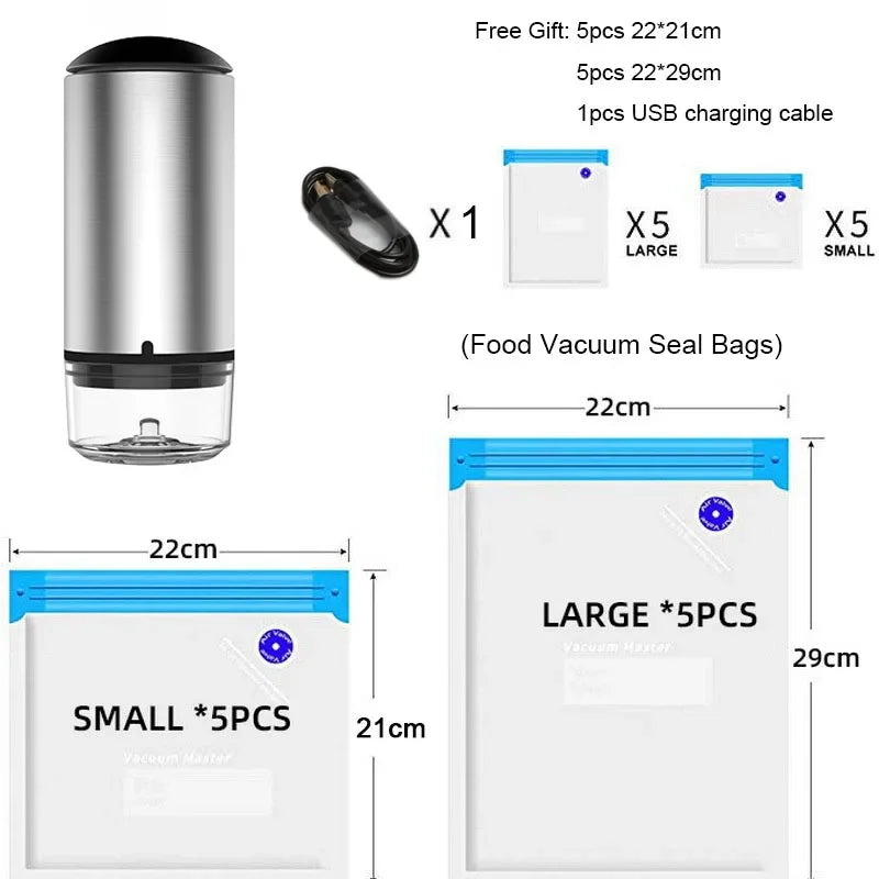 Saco De Armazenamento De Alimentos A Vácuo Reutilizável, Selador De Vácuo De Alimentos, Sous Vide Bags, USB Recarregável, Bomba de ar a vácuo portátil