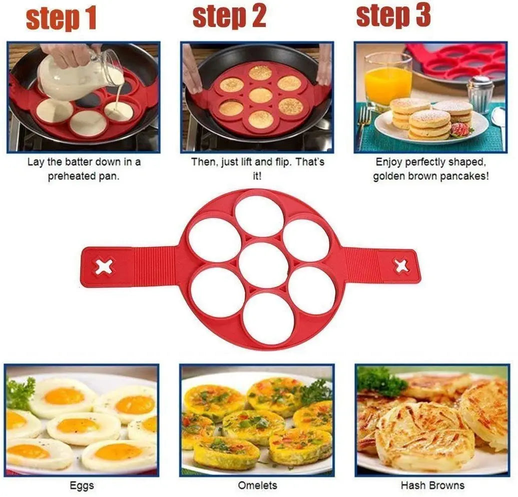 Molde de panqueca de silicone com 7 buracos, molde antiaderente para cozimento, moldes para ovos fritos para família, utensílios de cozinha