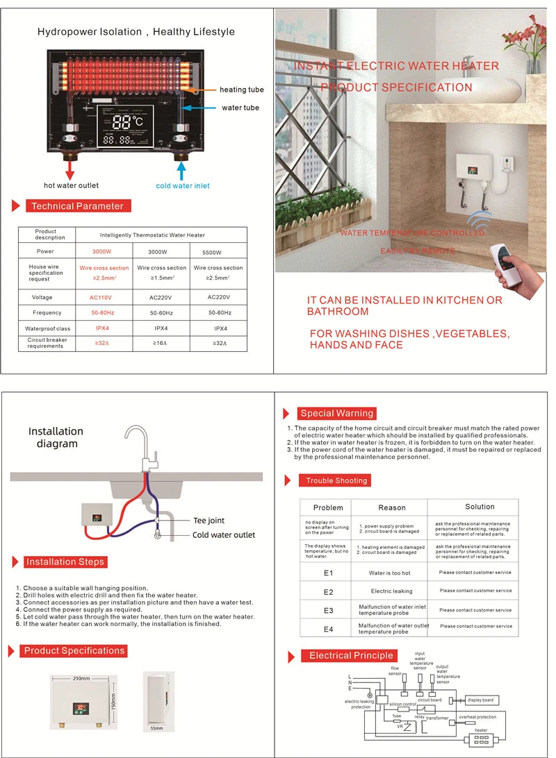 Aquecedor de água elétrico montado na parede com controle remoto, aquecedor instantâneo, exibição de temperatura LCD, cozinha e banheiro, 110V, 220V