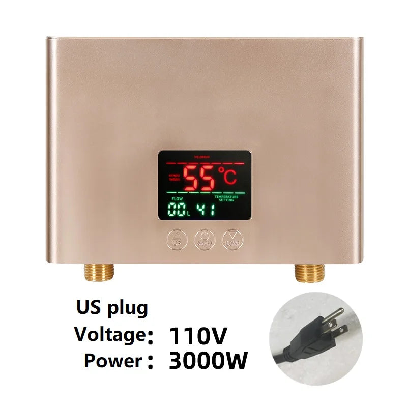 Aquecedor de água elétrico montado na parede com controle remoto, aquecedor instantâneo, exibição de temperatura LCD, cozinha e banheiro, 110V, 220V