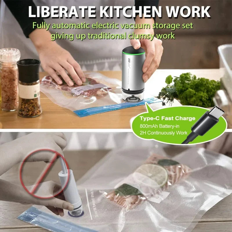 Saco De Armazenamento De Alimentos A Vácuo Reutilizável, Selador De Vácuo De Alimentos, Sous Vide Bags, USB Recarregável, Bomba de ar a vácuo portátil