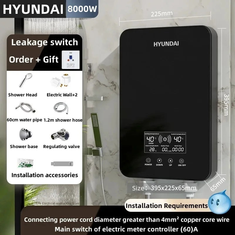 Aquecedor de água elétrico inteligente Aquecedor de água sem tanque Máquina de banho quente rápido doméstico Apartamento hotel banheiro chuveiro quente Display led inglês Regulação de potência de três engrenagens