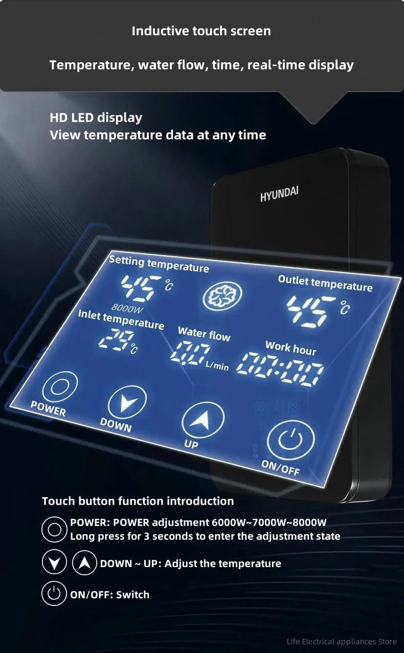 Aquecedor de água elétrico inteligente Aquecedor de água sem tanque Máquina de banho quente rápido doméstico Apartamento hotel banheiro chuveiro quente Display led inglês Regulação de potência de três engrenagens