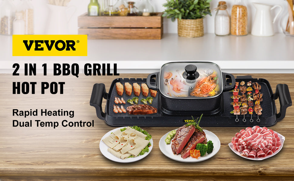 Vevor 2in1 elétrica churrasco pan grill panela quente 2400w multifuncional casa portátil sem fumaça antiaderente destacável panela quente churrasco placa