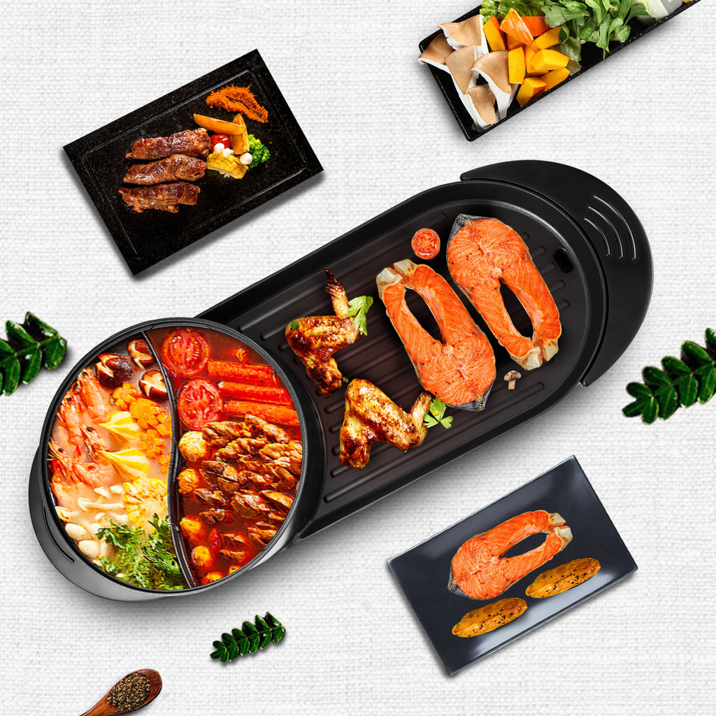 Vevor 2in1 elétrica churrasco pan grill panela quente 2400w multifuncional casa portátil sem fumaça antiaderente destacável panela quente churrasco placa