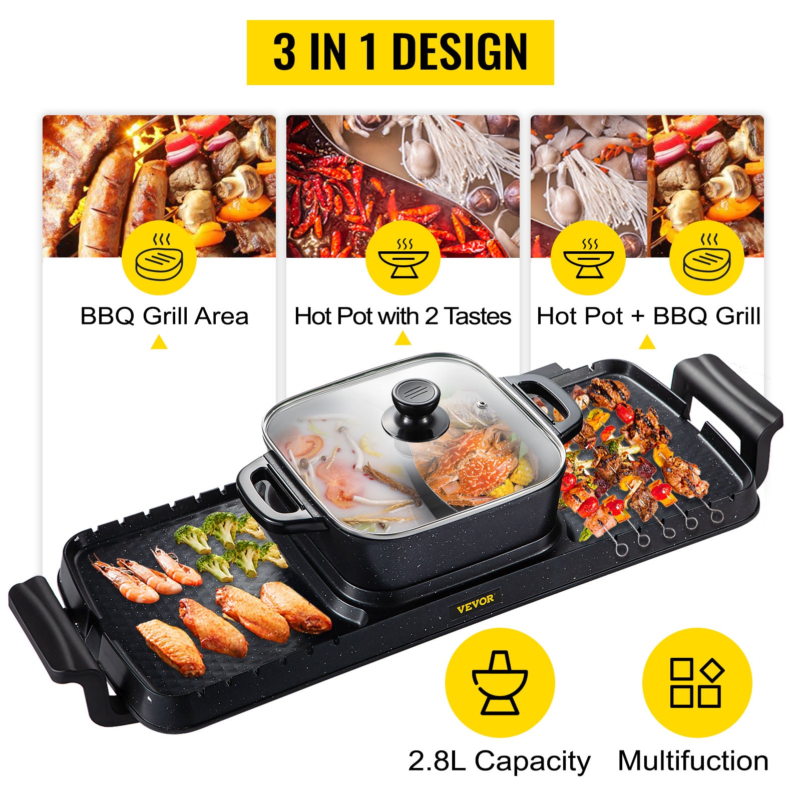 Vevor 2in1 elétrica churrasco pan grill panela quente 2400w multifuncional casa portátil sem fumaça antiaderente destacável panela quente churrasco placa