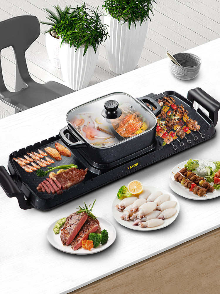 Vevor 2in1 elétrica churrasco pan grill panela quente 2400w multifuncional casa portátil sem fumaça antiaderente destacável panela quente churrasco placa