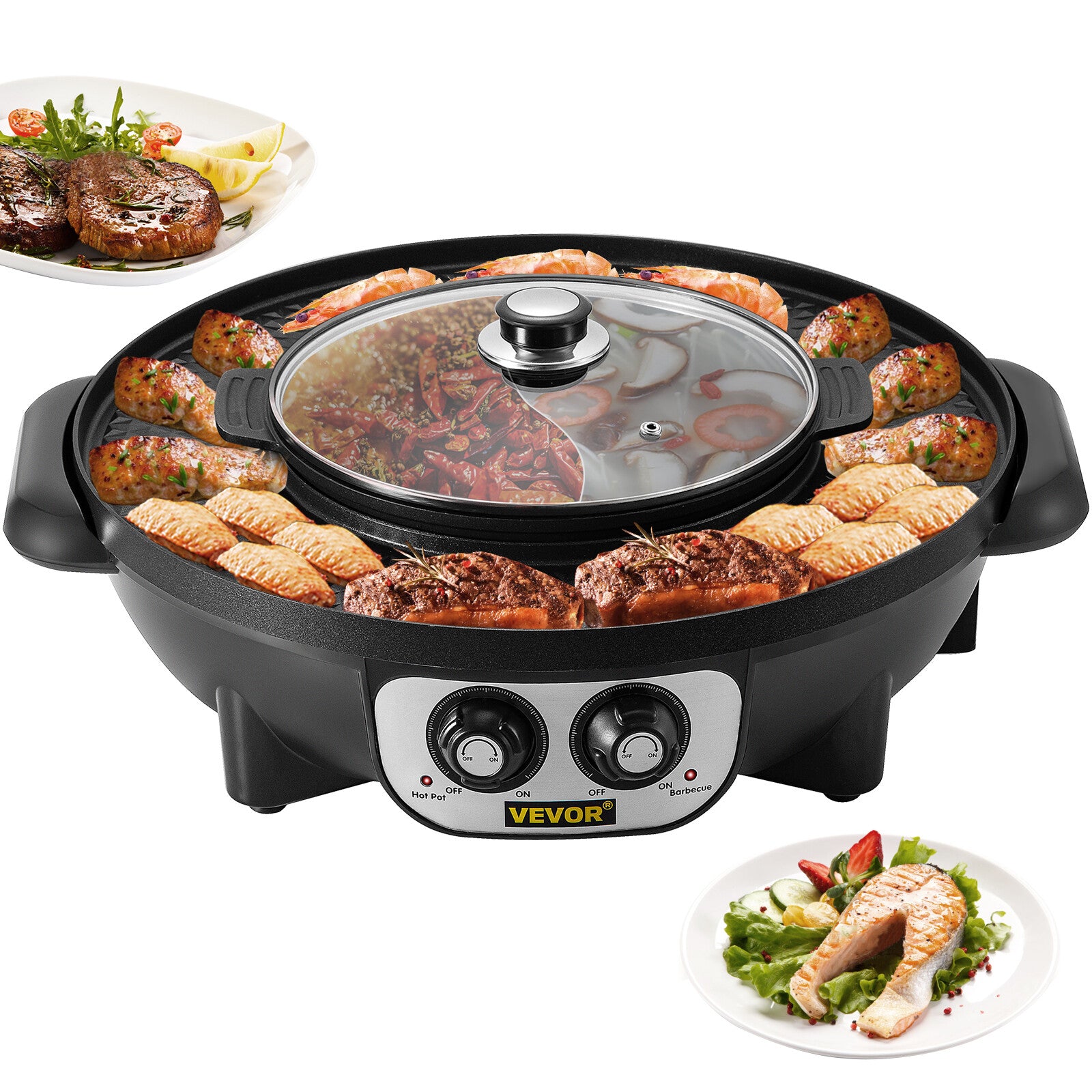 Vevor 2in1 elétrica churrasco pan grill panela quente 2400w multifuncional casa portátil sem fumaça antiaderente destacável panela quente churrasco placa